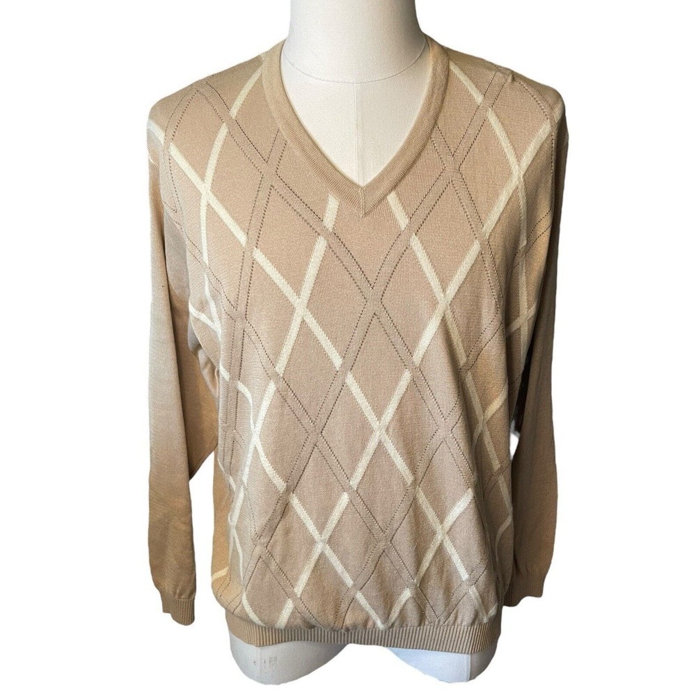 St. Croix V-Neck Sweater Diamond Pattern Cotton Microfiber Men’s Large Pullover